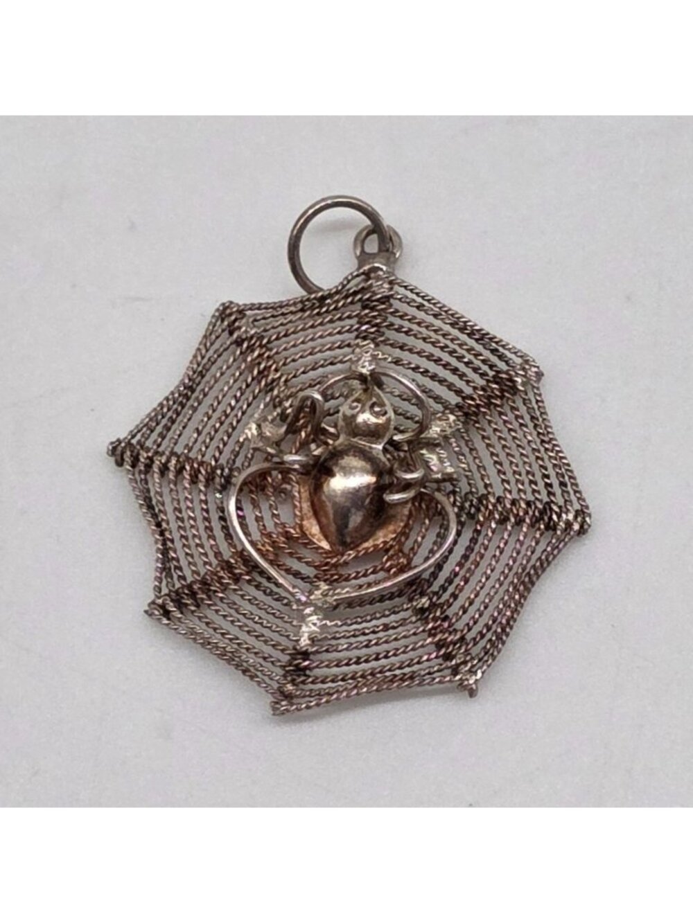 Sterling Spider & Web Pendant Silver Halloween Theme Vintage 1960s